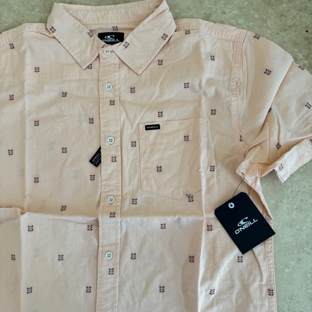 ONeill Pink Geometric Print Short Sleeve Button Up Collared Mens Size S Standard - Picture 10 of 12